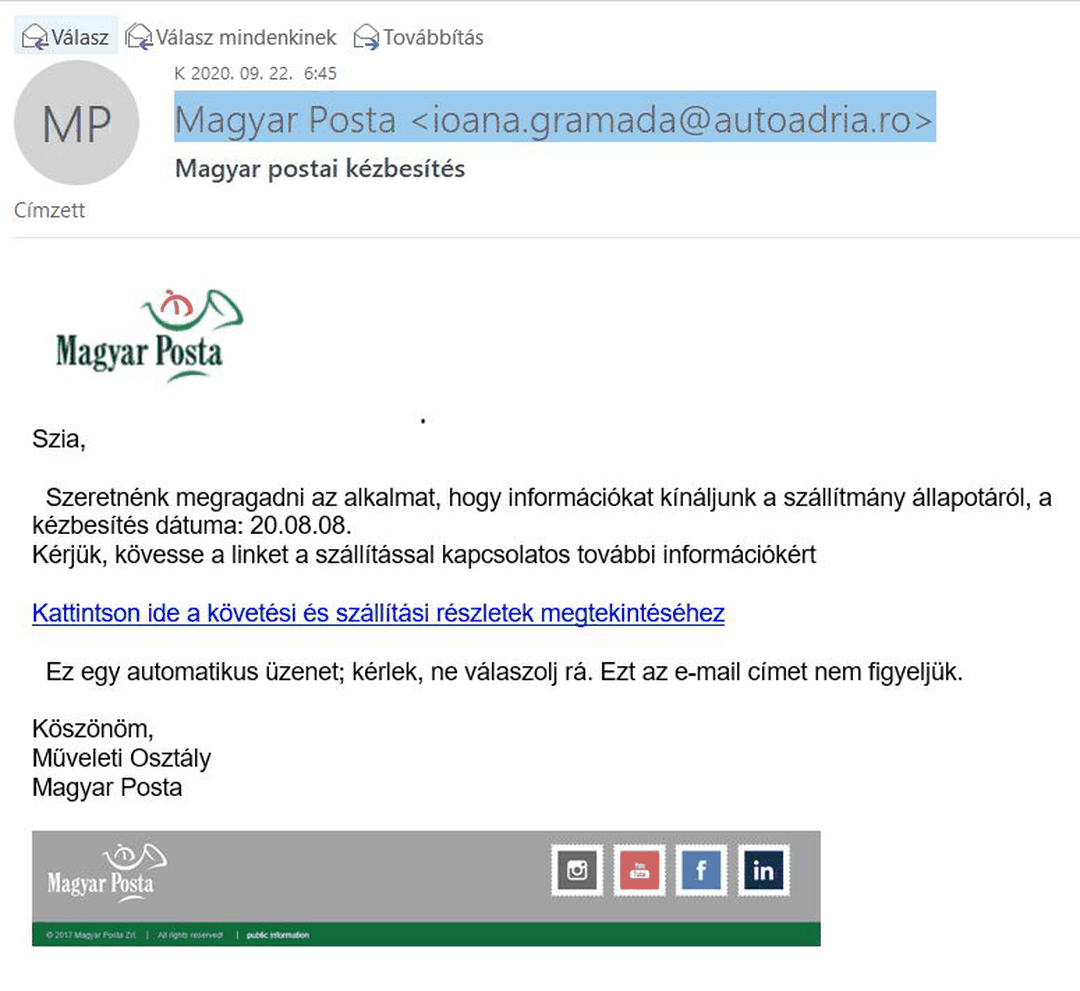 A Magyar Posta nevében küldött adathalász levél