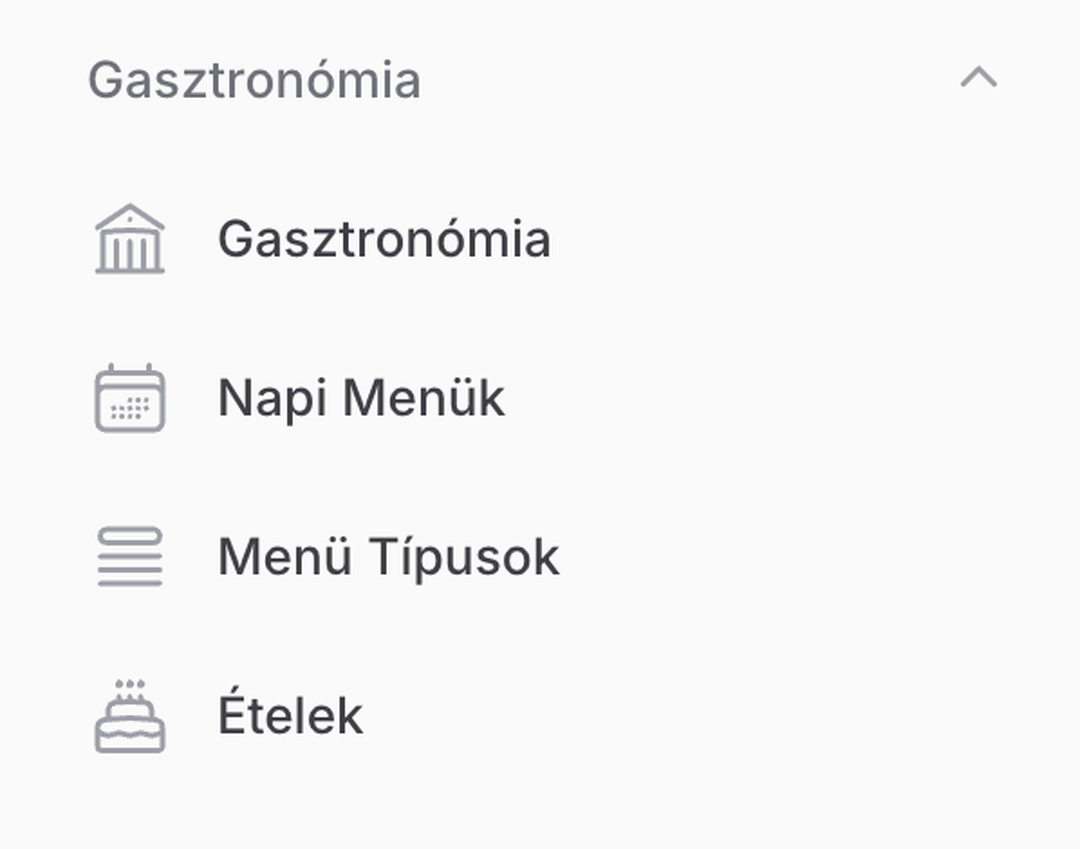 Az admin gasztronómia menüje: gasztronómia, napi menük, menütípusok és ételek
