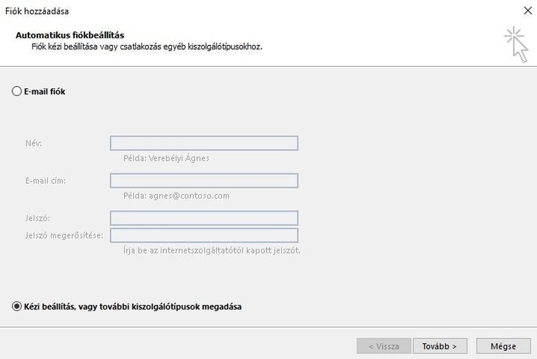 Outlook 2016 – Automatikus fiókbeállítás: a kézi beállítás opció kiválasztva