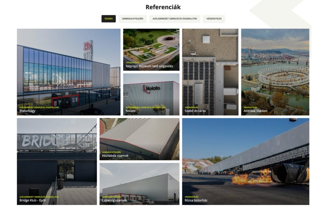 A Referenciák oldal kategóriaszűrővel és képes rácsban a projektekkel, köztük a Néprajzi Múzeum tetőszigetelésével