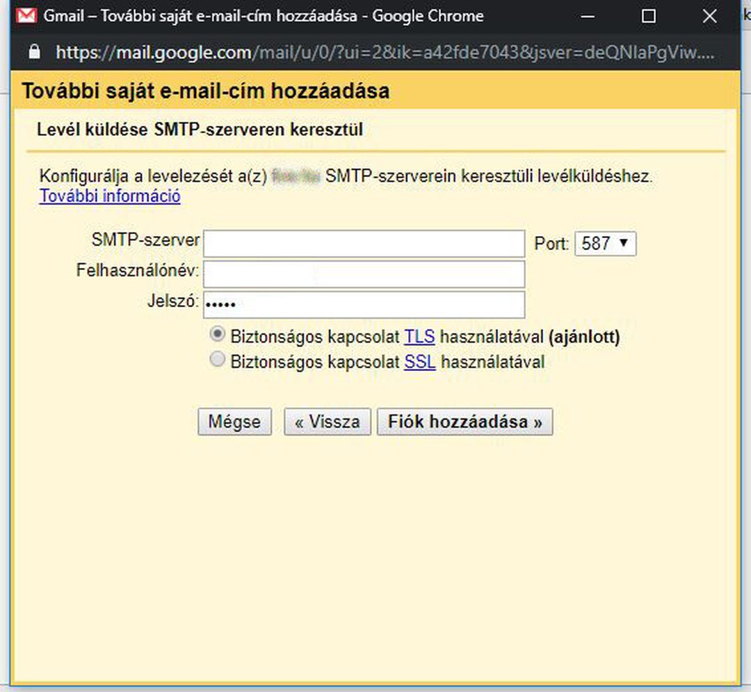Gmail – Levél küldése SMTP-szerveren keresztül: SMTP-szerver, 587-es port, TLS