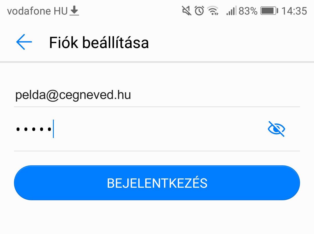 Android – Fiók beállítása: e-mail cím (pelda@cegneved.hu) és jelszó