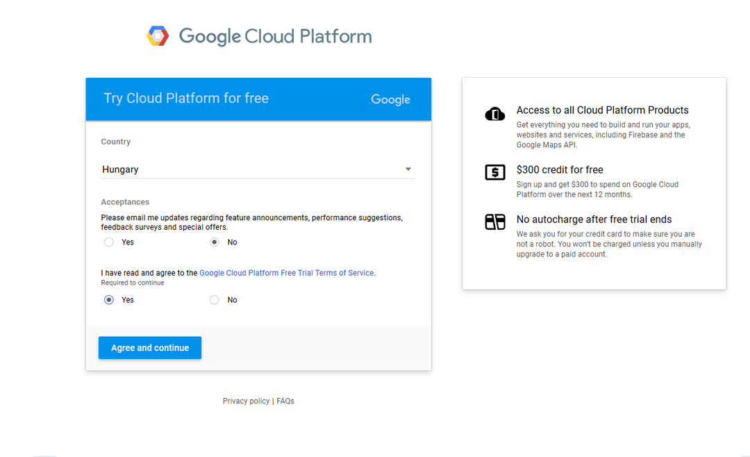 A Try Cloud Platform for free űrlap: ország kiválasztása, az ingyenes próba feltételeinek elfogadása és az Agree and continue gomb