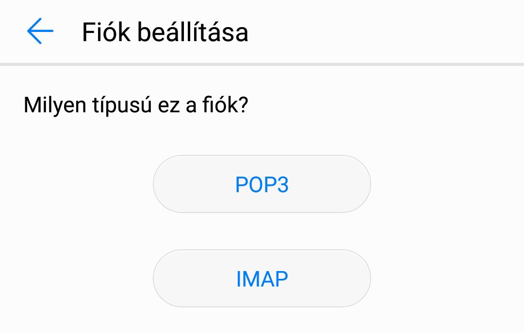 Mobilos fiókbeállító képernyő „Milyen típusú ez a fiók?” kérdéssel, POP3 és IMAP választógombbal