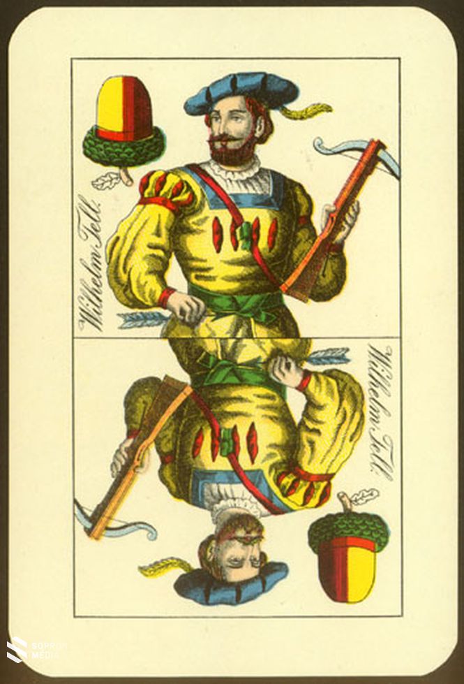 A bécsi Piatnik Ferdinánd kártyafestő makk felső lapja Tell Vilmos ábrázolásával, elődje Schneider József kártyarajza volt, ami tükörképessége miatt népszerű lett a játékosok körében egész Közép-Európában (1864)