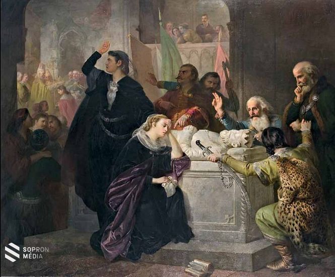 Erzsébet és Mária királynők Nagy Lajos sírjánál, háttérben II. Kis Károly koronázása, Liezen-Mayer Sándor, 1862.