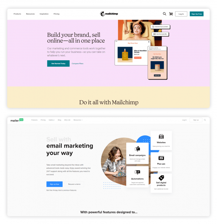 A Mailchimp és a MailerLite kezdőlapját láthatod a képeken