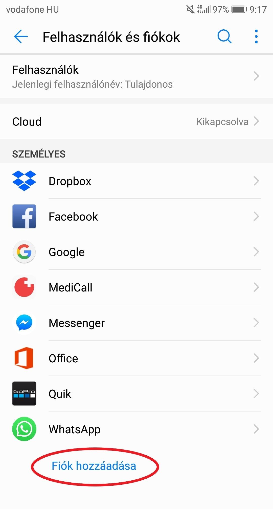 Android – Felhasználók és fiókok: a Fiók hozzáadása bekarikázva